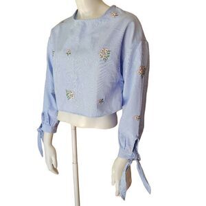 Bleuh Ciel Blue & White Striped Floral Embroidered Open Back Long Sleeve Top (S)